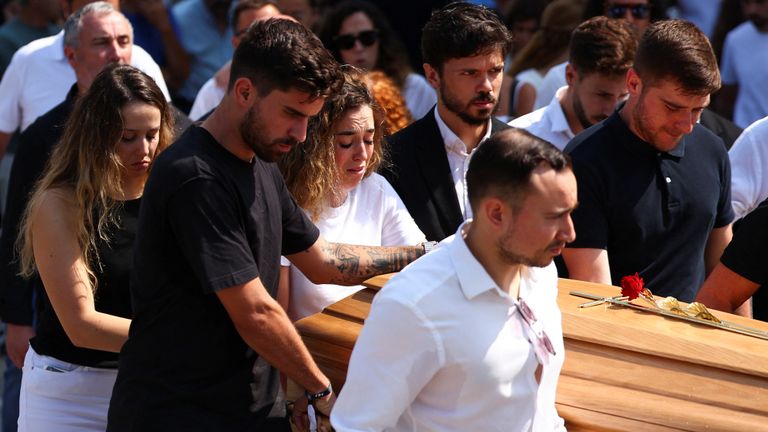 Liverpool players join mourners in Portugal for Diogo Jota’s funeral – video